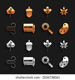 Set Speech bubble with text autumn, Leaf or leaves, Potato, Magnifying glass leaf, Wind,  and Acorn icon. Vector