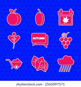 Set Speech bubble with text autumn, Leaf or leaves, Cloud rain, Grape fruit, Wheelbarrow dirt, Calendar and Peach icon. Vector