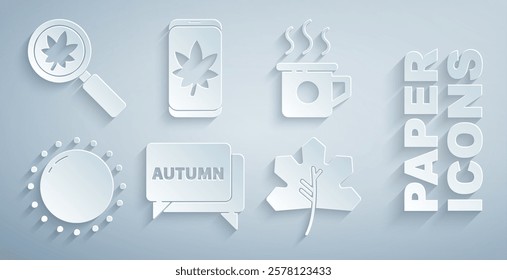 Set Speech bubble with text autumn, Cup of tea, Sun, Leaf or leaves, on mobile phone and Magnifying glass leaf icon. Vector