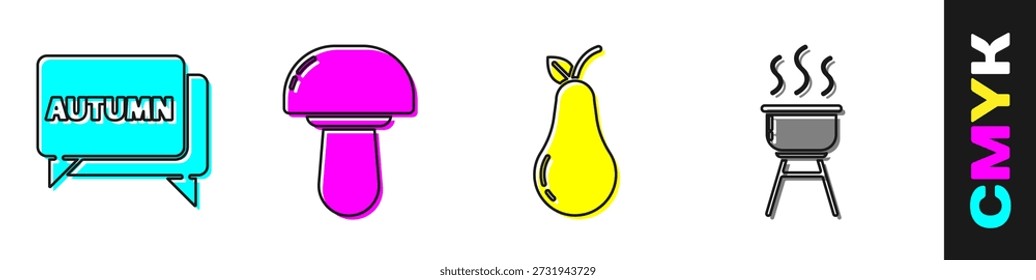 Definir balão de fala com texto outono, Cogumelo, pera e churrasco ícone de grelha. Vetor