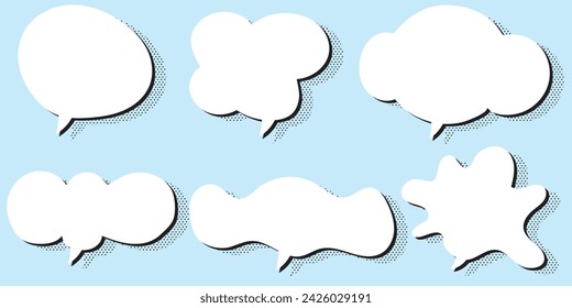 Set speech bubble or text box with shadow and dots. cloud shape, and cartoon style,  light blue background. Halftone style and isolated