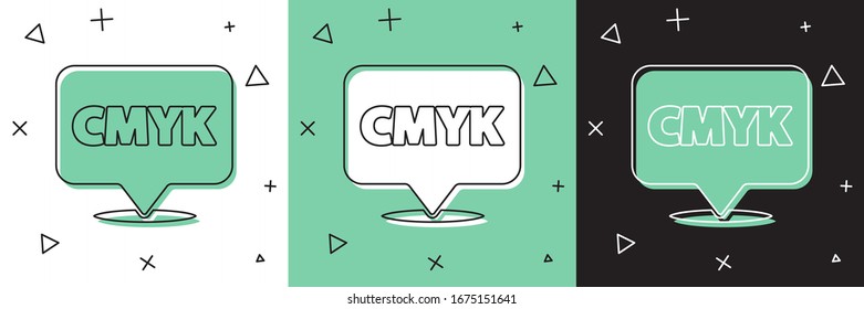 Setzen Sie eine Sprachblase mit Text-CMYK-Symbol einzeln auf weißem und grünem, schwarzem Hintergrund. Vektorillustration-Illustration