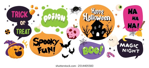 Set of speech bubble with text halloween concept vector. Collection of contemporary figure, spider, bat, ghost, pumpkin, candy. Chat design element perfect for banner, print, sticker, cartoon.