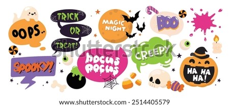 Set of speech bubble with text halloween concept vector. Collection of contemporary figure, skull, bat, ghost, pumpkin, candy. Chat design element perfect for banner, print, sticker, cartoon.