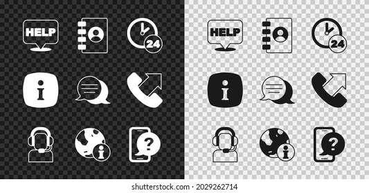 Set Speech bubble with text Help, Address book, Clock 24 hours, Man a headset, Information, Telephone support,  and chat icon. Vector