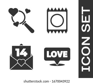 Set Speech bubble with text love, Search heart and love, Envelope with Valentine heart and Condom in package icon. Vector