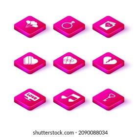 Set Speech bubble with text love, Music note, tone hearts, Candy in shaped box, Key, Broken or divorce, Valentines day flyer and Diamond engagement ring icon. Vector