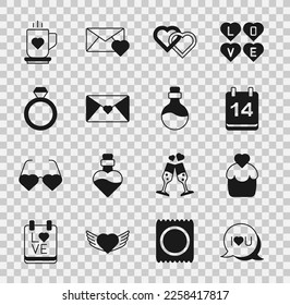 Set Speech bubble text I love you, Wedding cake, Calendar with February 14, Two Linked Hearts, Envelope Valentine heart, rings, Coffee cup and and Bottle potion icon. Vector