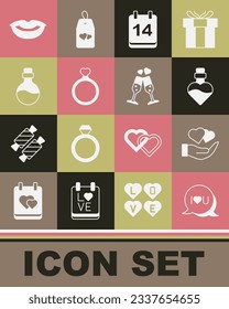 Set Speech bubble text I love you, Heart in hand, Bottle with potion, Calendar February 14, Wedding rings, Smiling lips and Glass of champagne icon. Vector