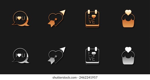 Set Speech bubble text I love you, Amour with heart and arrow, Calendar February 14 and Wedding cake icon. Vector