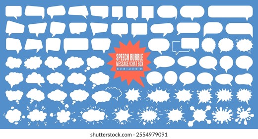 Set of speech bubble, text message box, comic frame, cloud symbol, sticker, communication network icon, explosion bomb, splash and social media chat balloon silhouette in doodle cartoon style. Pop art