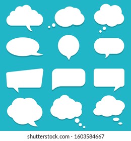 Set of speech bubble, textbox cloud of chat for comment, post, comic. Dialog box icon, message template. Different shape of empty balloons for talk on isolated background. cartoon vector illustration