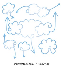 Set of speech bubbles with arrows. Empty cloud citation template. Design element for business card, paper sheet, information, note, message, motivation, comment. Vector illustration.