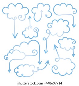 Set of speech bubbles with arrows. Empty cloud citation template. Design element for business card, paper sheet, information, note, message, motivation, comment. Vector illustration.