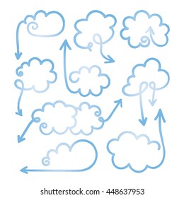 Set of speech bubbles with arrows. Empty cloud citation template. Design element for business card, paper sheet, information, note, message, motivation, comment. Vector illustration.