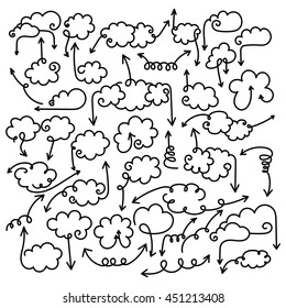 Set of speech bubbles with arrows. Empty cloud template with editable stroke. Design element for business card, paper sheet, information, note, message, motivation, comment. Vector illustration.