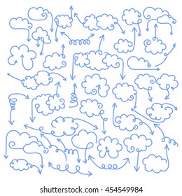 Set of speech bubbles with arrows. Empty cloud template with editable stroke. Design element for business card, paper sheet, information, note, message, motivation, comment. Vector illustration.