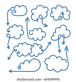 Set of speech bubbles with arrows. Empty cloud template with editable stroke. Design element for business card, paper sheet, information, note, message, motivation, comment. Vector illustration.