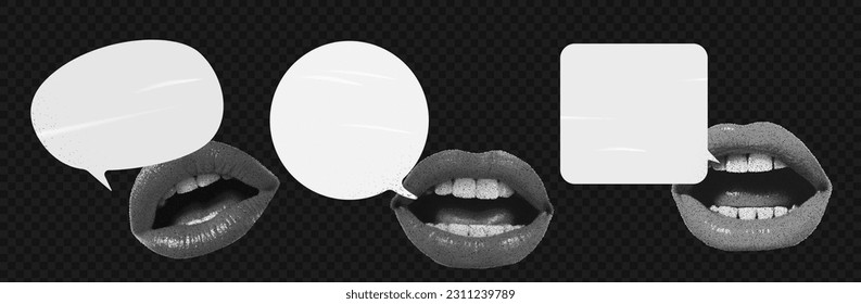 A set of Speech Bubbles with black and white collage-cut lips from a magazine. Retro elements for the design. Scream of a woman. Vector objects on transparent background as png