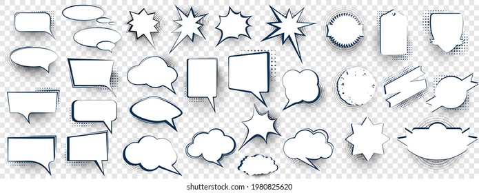 Set of speech bubbles. Blank retro empty comic bubbles. Comic book graphic art speech clouds, thinking bubbles and conversation text elements illustration set.   Blank cartoon discussion illustration