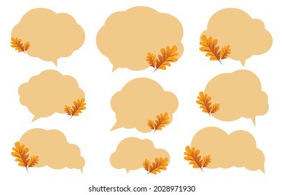 Set speech bubbles with brown leaves. Autumn and fall concept on white background.warm color chat vector doodle message or communication icon Cloud speaking for comics and minimal message dialog