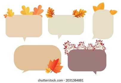 Coloca burbujas de habla con hojas marrones. Concepto de otoño y otoño sobre fondo blanco.mensaje de doodle de tipo vector de chat cálido o icono de comunicación Nube hablando por historietas y diálogo de mensajes mínimo