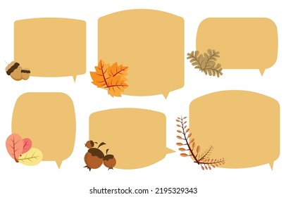 Coloca burbujas de habla con hojas marrones. Concepto de otoño y otoño sobre fondo blanco.mensaje de doodle de tipo vector de chat cálido o icono de comunicación Nube hablando por historietas y diálogo de mensajes mínimo