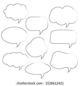 Set of speech bubbles. Cartoon Vector illustration. Isolated on transparent white background. Hand draw style, dialog clouds. 