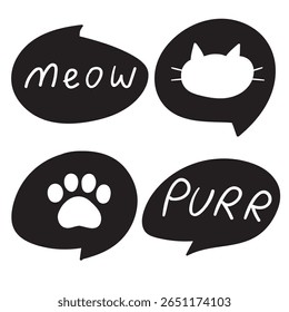 Conjunto de bolhas de fala. Gato, Miau, Gato. Ilustração vetorial. Ilustração desenhada à mão sobre fundo branco.