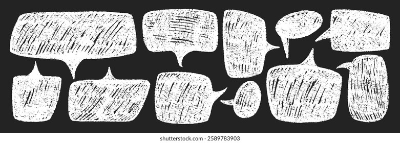Set of speech bubbles with chalk, pencil and crayon texture in black color. Handwriting text boxes for a school dialog or chat. White vector illustration on a blackboard.
