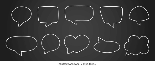 Set of speech bubbles, chatting box for text, message box stroke, empty talk bubble, vector illustration, white outline, isolated background. Hand drawn doodle style of thinking sign symbol.