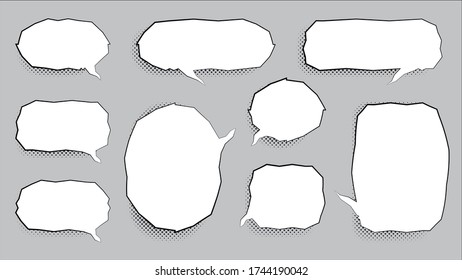 Set of speech bubbles with chopped edges. Vector illustration. Halftone shadow.