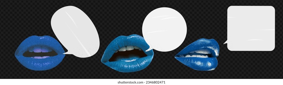 A set of Speech Bubbles with collage-cut blue lips from a magazine. Retro elements for the design. Scream of a woman. Vector objects on transparent background as png. 