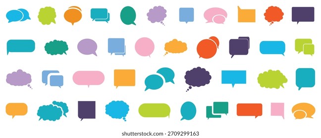 Satz von Sprechblasen. Bunte Sprechblasen. Satz von farbenfrohen leeren Sprechblasen für Text, Chat, Meldungsfeld. Sprechzeichen Sprechzeichen Dialog Kommunikationsrahmen Vektorgrafik.