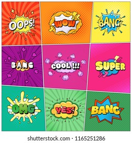 Set of speech bubbles comic clouds. Thought, speech bubble, dream cloud. Wow, boom, cool, lol yes bang super Vector illustration