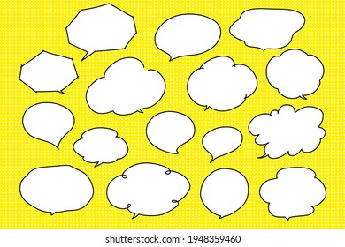 Set of speech bubbles comic doodle on yellow dot background. Vector illustration