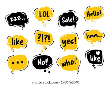 Set Of Speech Bubbles In Comic Style. Yellow And Black Hand Drawn With Phrases: Lol, Hello, No, Yes, Who, Like, Sale  Thought Bubbles. Vector Illustration Doodle Style Isolated. 