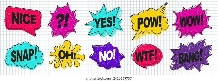 A set of speech bubbles in comic style. Hand drawn shapes with scribble textures. Phrases: Nice, Yes, Pow, Wow, Snap, Oh, No, Wtf, Bang. Vector illustration elements in a checked notebook background