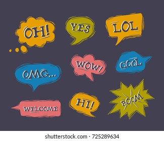 Set of speech bubbles in comic style. Dialog windows with phrases: Hi, Yes, Wow, Welcome, Oh, Lol, Omg, Boom, Cool