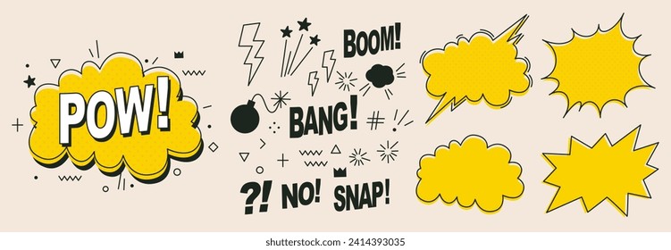 A set of speech bubbles. Comic text sound effects. Banner, poster, sticker concept. Expression funny style text Boom, Pow. Explosion. Vector bright cartoon messages. Abstract background pop art style