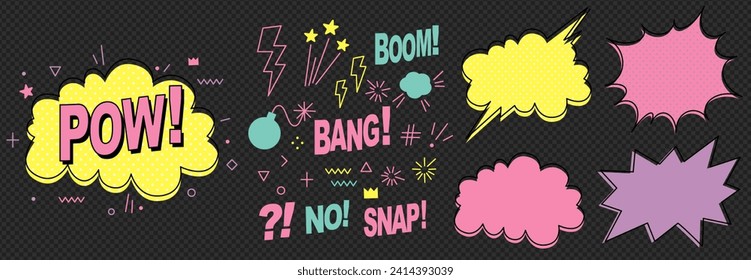 Eine Reihe von Sprachblasen. Comic-Text-Soundeffekte. Banner, Poster, Aufkleber Konzept. Ausdruckslustiger Stil Text Boom, Pow. Explosion. Vektorhelle Cartoonnachrichten. Abstrakter Hintergrund, Pop-Art-Stil