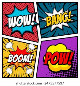 A set of speech bubbles. Comic text sound effects. Banner, poster, sticker concept. Vector bright cartoon messages. Anime Pop art style