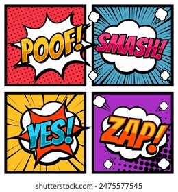 A set of speech bubbles. Comic text sound effects. Banner, poster, sticker concept. Vector bright cartoon messages. Anime Pop art style