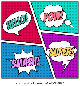 A set of speech bubbles. Comic text sound effects. Banner, poster, sticker concept. Vector bright cartoon messages. Anime Pop art style