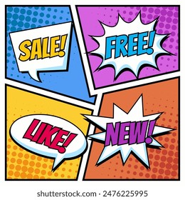 A set of speech bubbles. Comic text sound effects. Banner, poster, sticker concept. Vector bright cartoon messages. Anime Pop art style