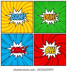 A set of speech bubbles. Comic text sound effects. Banner, poster, sticker concept. Vector bright cartoon messages. Anime Pop art style