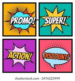 A set of speech bubbles. Comic text sound effects. Banner, poster, sticker concept. Vector bright cartoon messages. Anime Pop art style