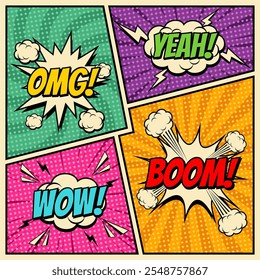 A set of speech bubbles. Comic text sound effects.