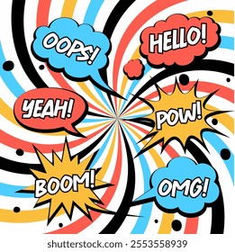 A set of speech bubbles. Comic text sound effects. Banner, poster, sticker concept. Vector bright cartoon messages. Anime Pop art style