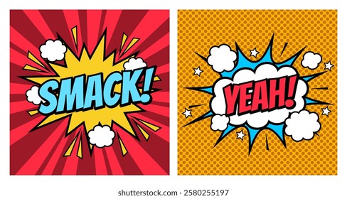 A set of speech bubbles. Comic text sound effects. Banner, poster, sticker concept. Vector bright cartoon messages. Anime Pop art style